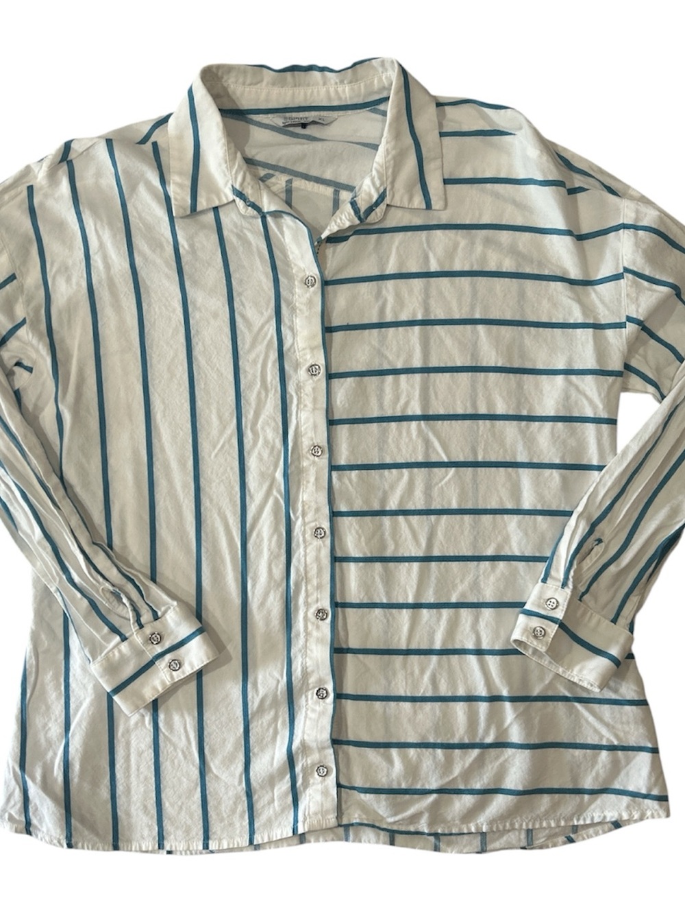 Esprit Striped Button-Up Shirt in White and Teal Sz XL - Picture 2 of 7
